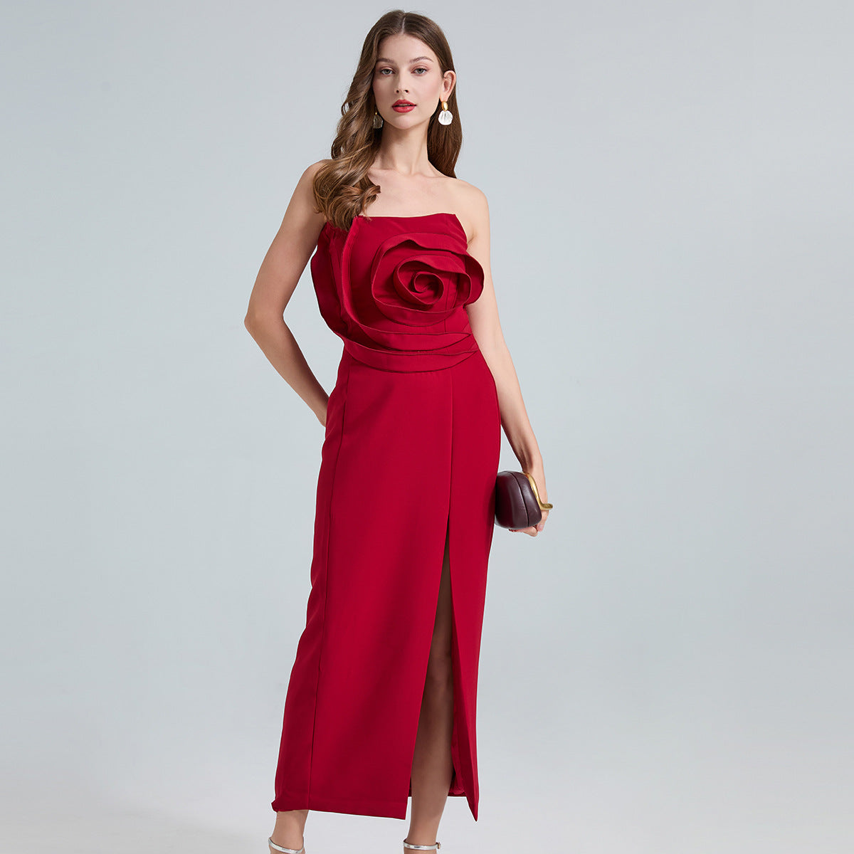 Strapless 3D Rose Maxi Dress – Red
